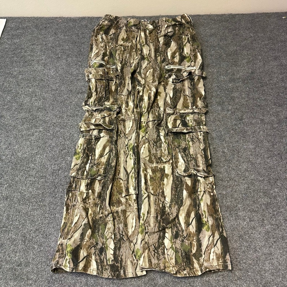 Fashion Nova Cargo Pants Womens Size 30 Green Camo Tree Print Wide Leg Utility